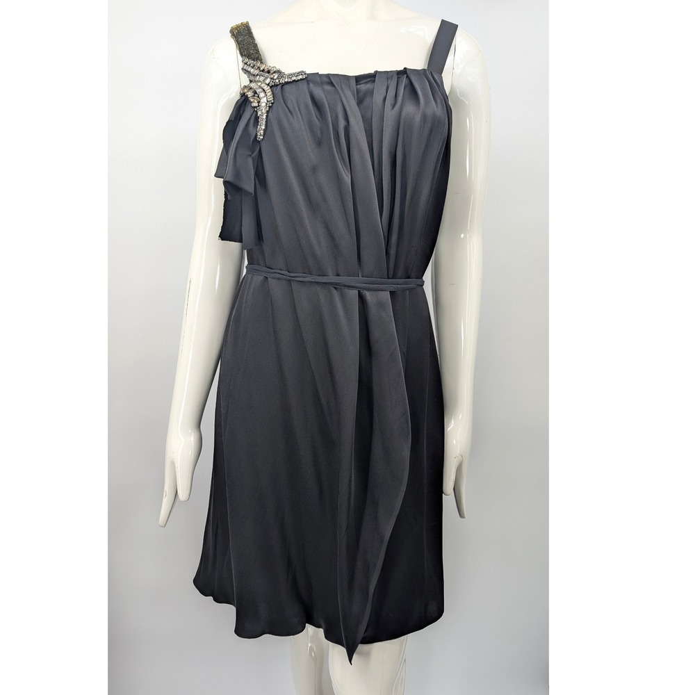 Vera Wang Black Silk Dress Crystal Beaded Sequin Asymmetrical Draped Cocktail